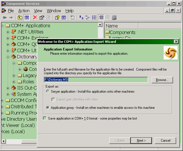 Export application proxy - Create a new COM+ application